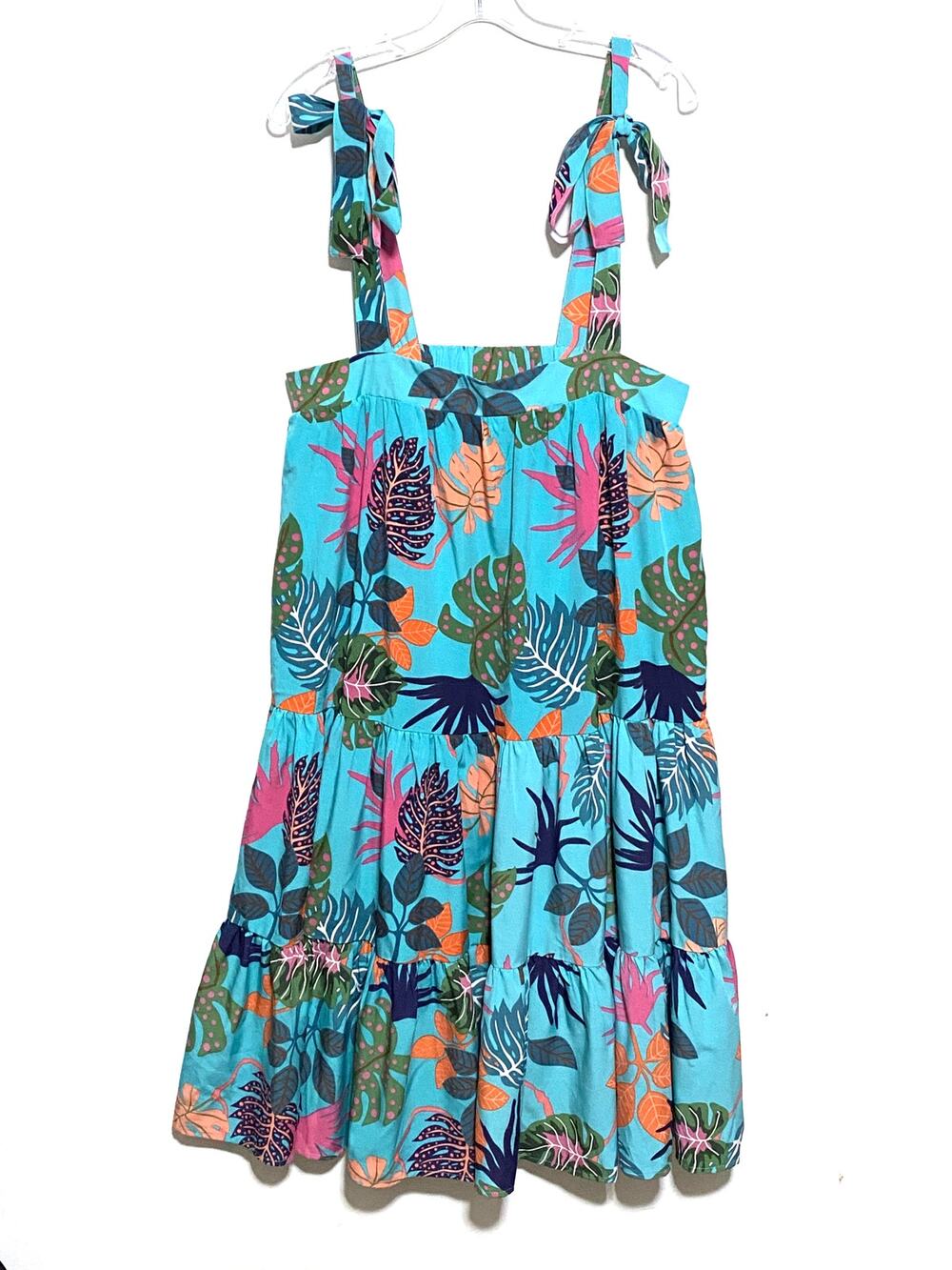 Umgee USA Dress L Blue Tropical Leaf Print Tiered Tie Strap Boho Summer Coastal
